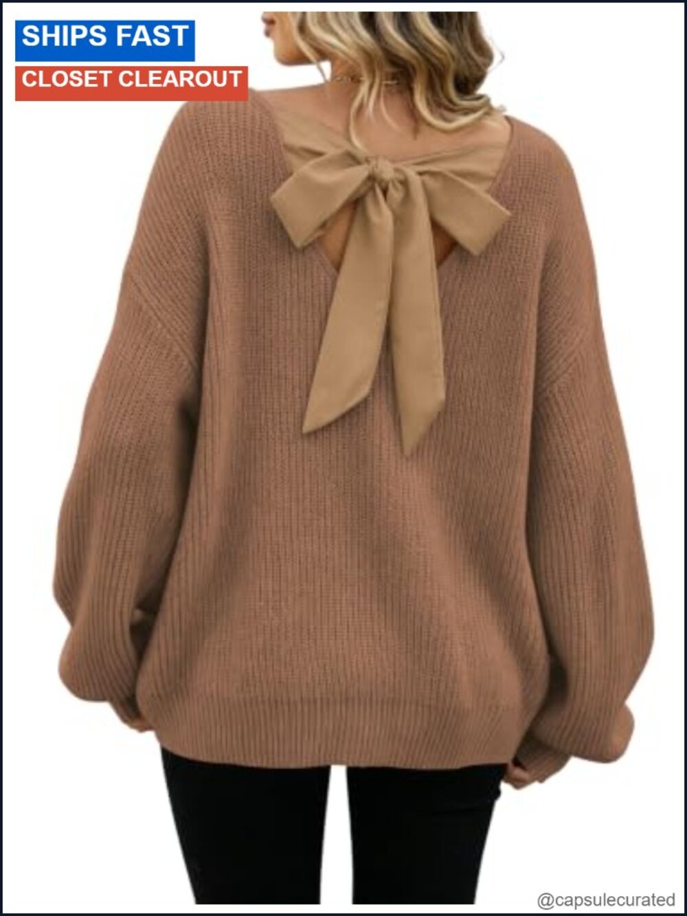 Chunky Knit Bow Back Sweater Crewneck Pullover Fall Winter